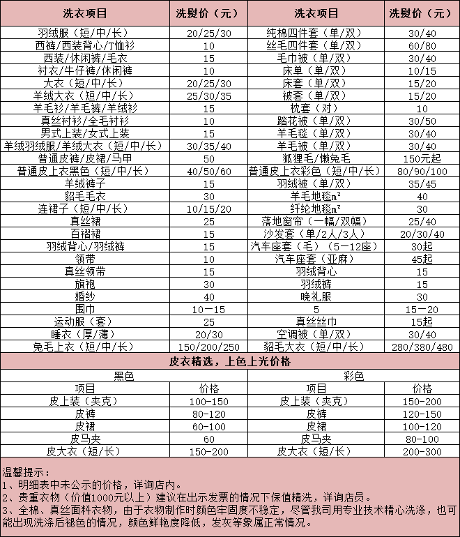 青岛干洗店收费价格表-青岛干洗店洗衣服怎么收费